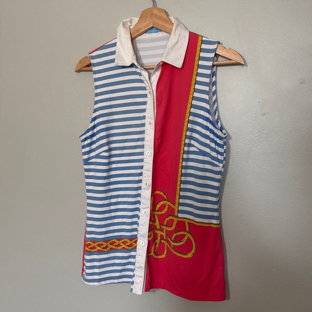 Women's Size M J. McLaughlin Collared Tank Top Pink Gold Blue Nautical Stripes